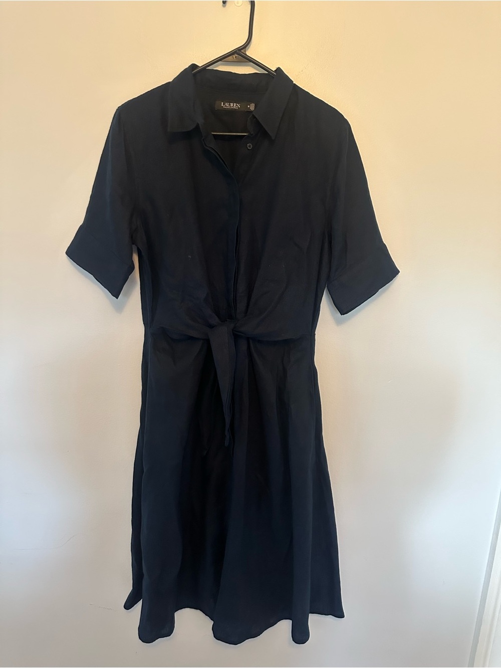 Lauren Ralph Lauren 100% Linen Midi Shirtdress Navy Blue Tie Front Size 10